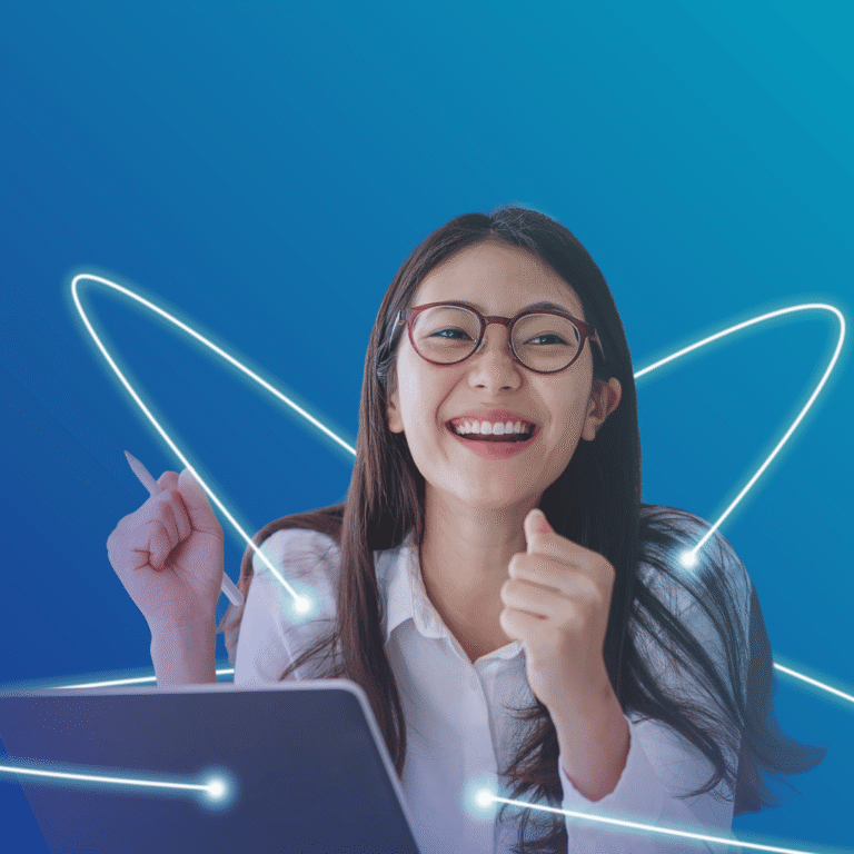 Student working on a digital tablet with glowing graphic lines representing technology or innovation.